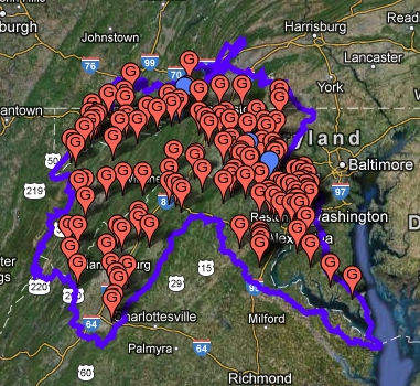 A map of the Potomac River Basin with red marks where each water gage is located.