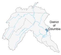 A map of the Potomac basin with the District of Columbia highlighted.