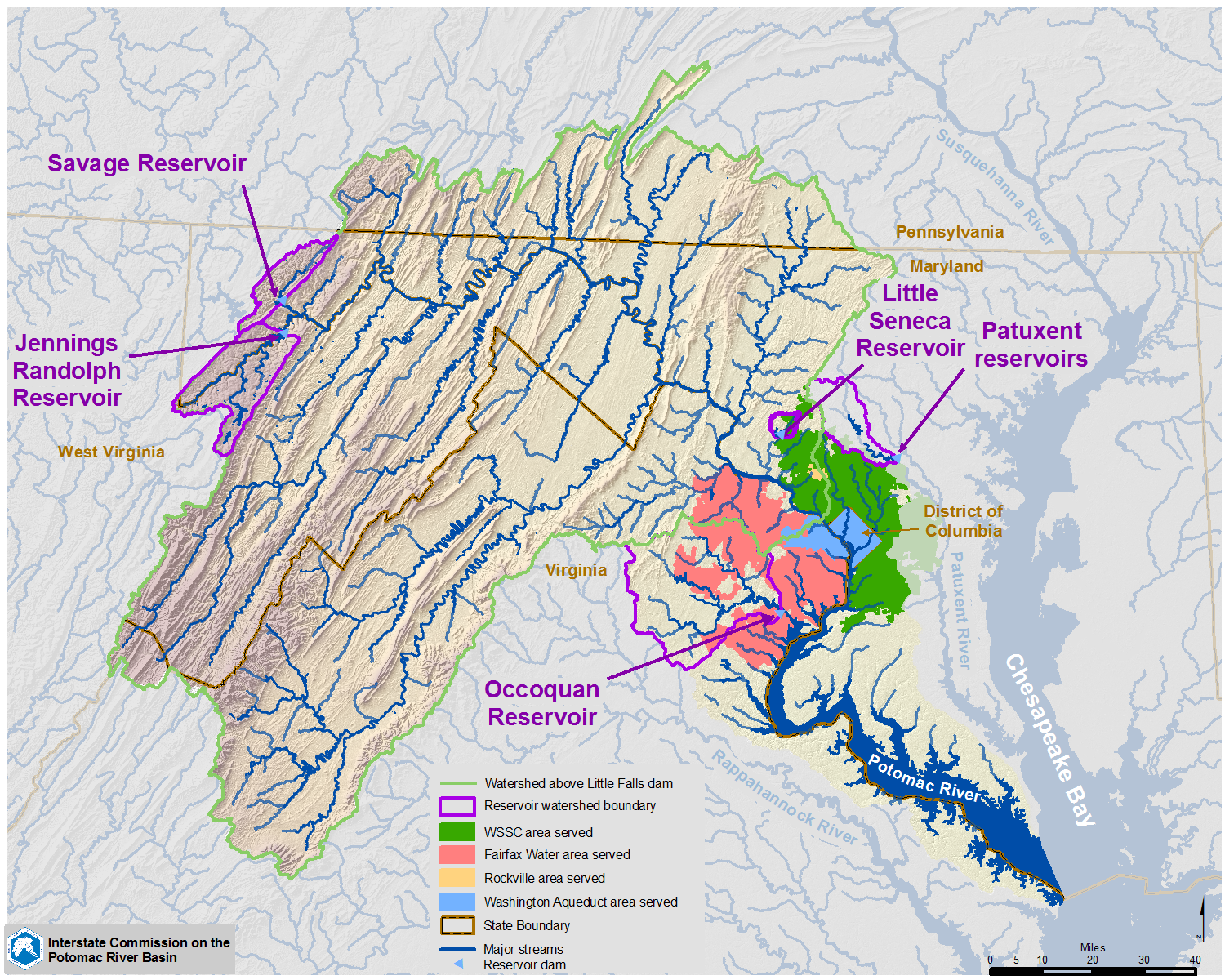A map of the Potomac River basin highlighting the water supply regions.
