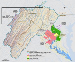 Map of the Potomac watershed with a black box around the North Branch of the Potomac 