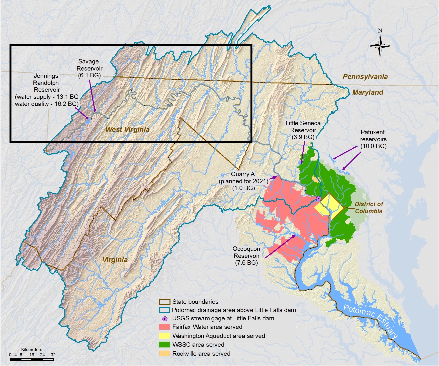 Map of the Potomac watershed with a black box around the Upper Potomac