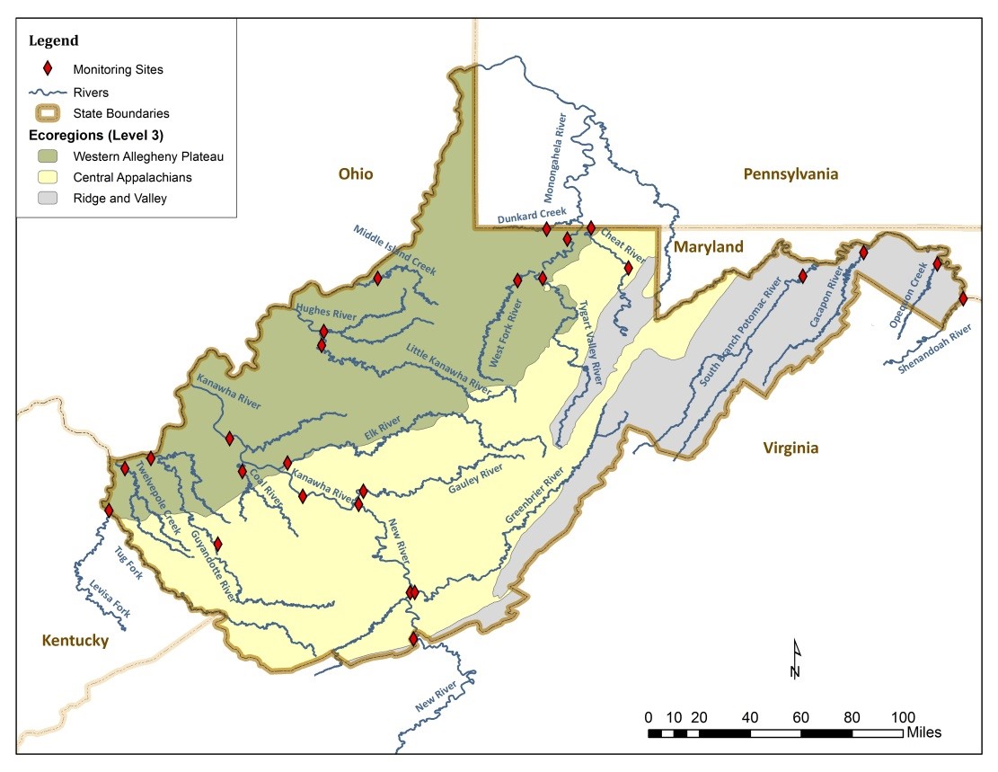 A map of sampling sites in West Virginia.