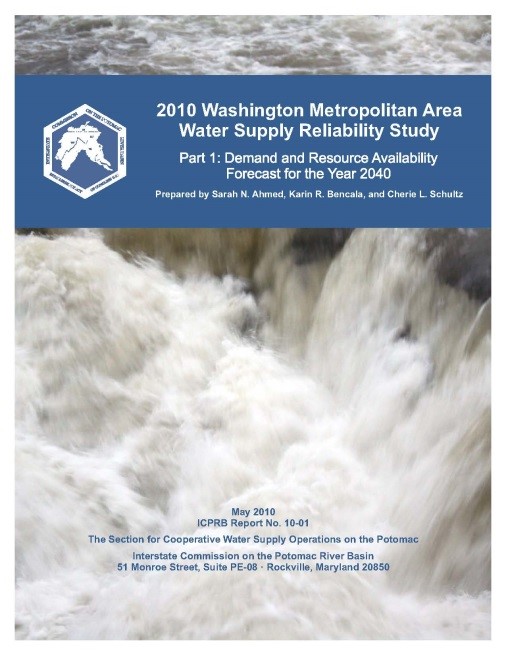 An image of the cover page of the report. It has a large image of rushing water, then the title, "2010 Washington Area Water Supply Reliability Study" at the top.