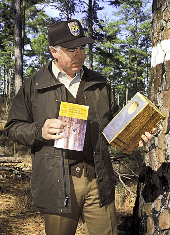 A man holding a book and an example of a birdhouse.
