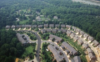 An aerial view of a housing development.