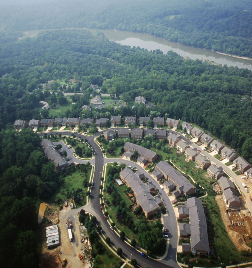An aerial view of a housing development.