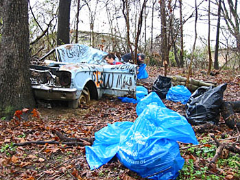 Piles of trash that were picked up in a forested area.