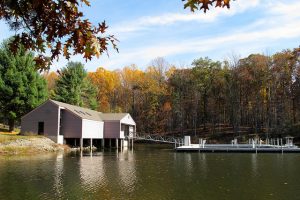 A boathouse on a lake