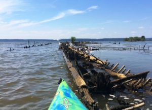 Kayak alongside a sunken ship barely sticking out of the water at Mallows Bay