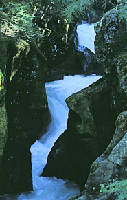 An image of a small creek flowing among large rocks.