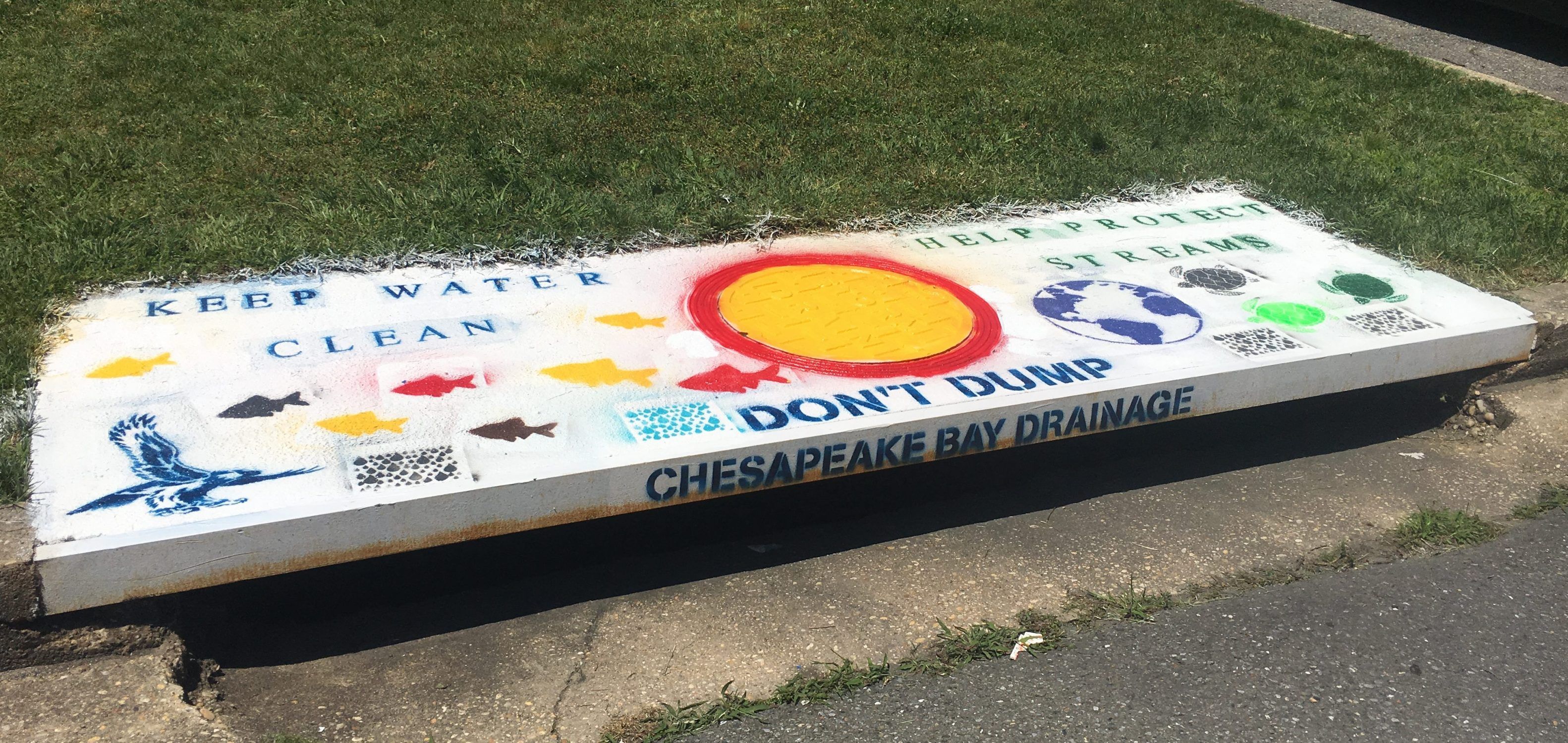 Image of a stormwater drain with stenciling art that says "Don't Dump" and "Chesapeake Bay Drainage".