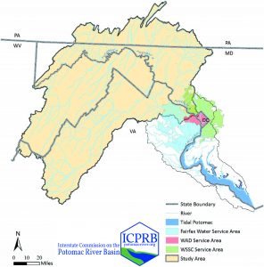 A map cutout of the Potomac River watershed showing the study area and the source water for the water suppliers. 