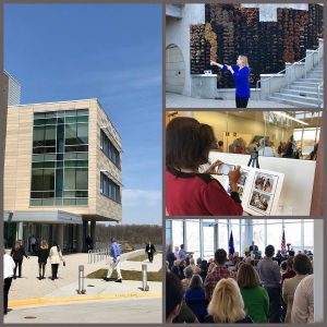 Four photos: 1) A side of the PEREC building, 2) A crowd watching a speaker at a podium, 3) A woman taking a photo of a display, 4) A woman talking about the PEREC center to a crowd. 