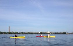 Three kayakers in the Potomac river in front of D.C. monuments
