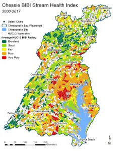 A map showing stream health within the Chesapeake Bay.