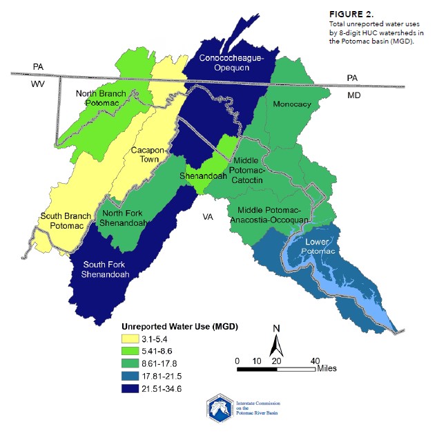 Map of unreported water use in the Potomac River basin.