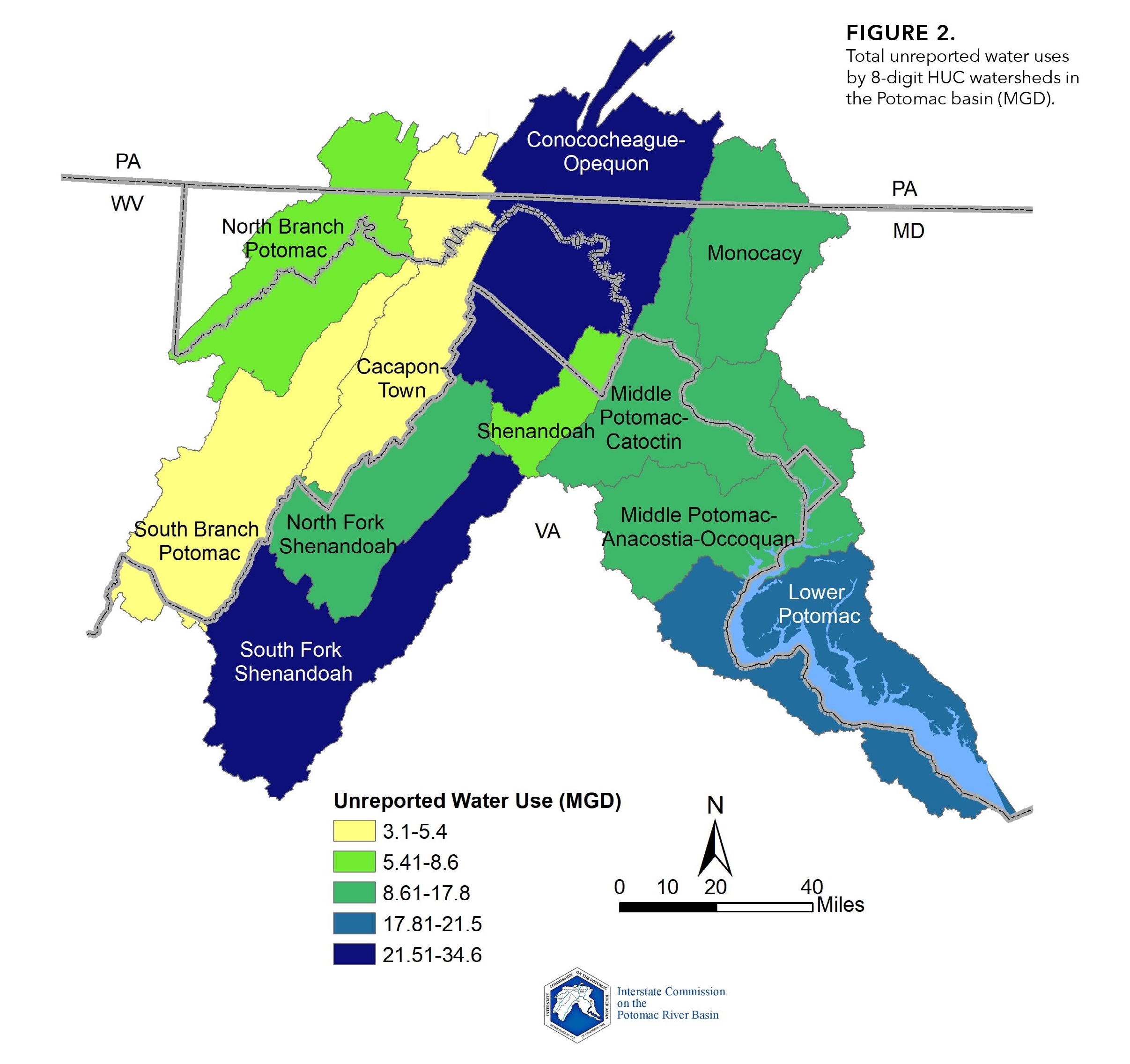 Map of unreported water use in the Potomac River basin.