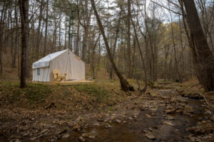 Canvas tent on the side of a creek surrounded by trees. 