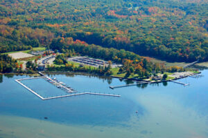 An aerial view of the marina at Smallwood State Park.