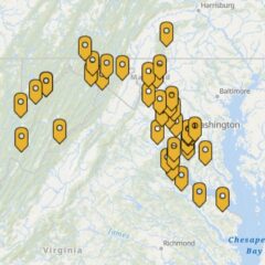 Map of the Potomac River basin with yellow markers showing the location of each story.