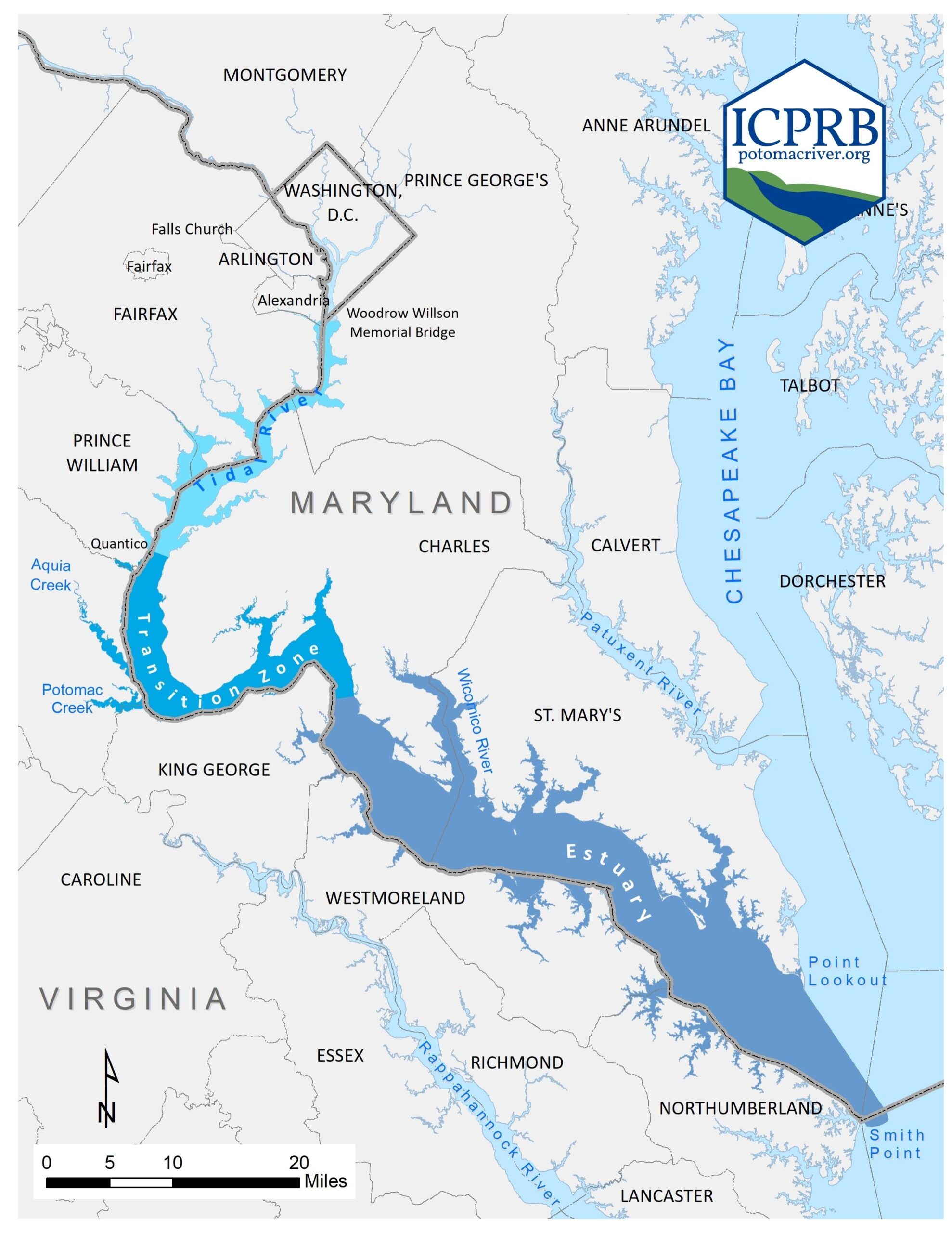 Map of the tidal zone, transition zone, and estuary of the Potomac River.