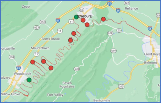 A map of the North Fork Shenandoah river with red and green dots indication algal mats.