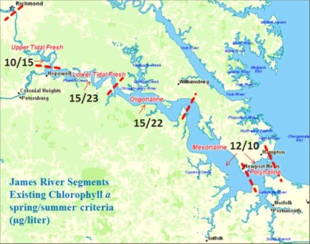 Map showing the James River tidal fresh regions.