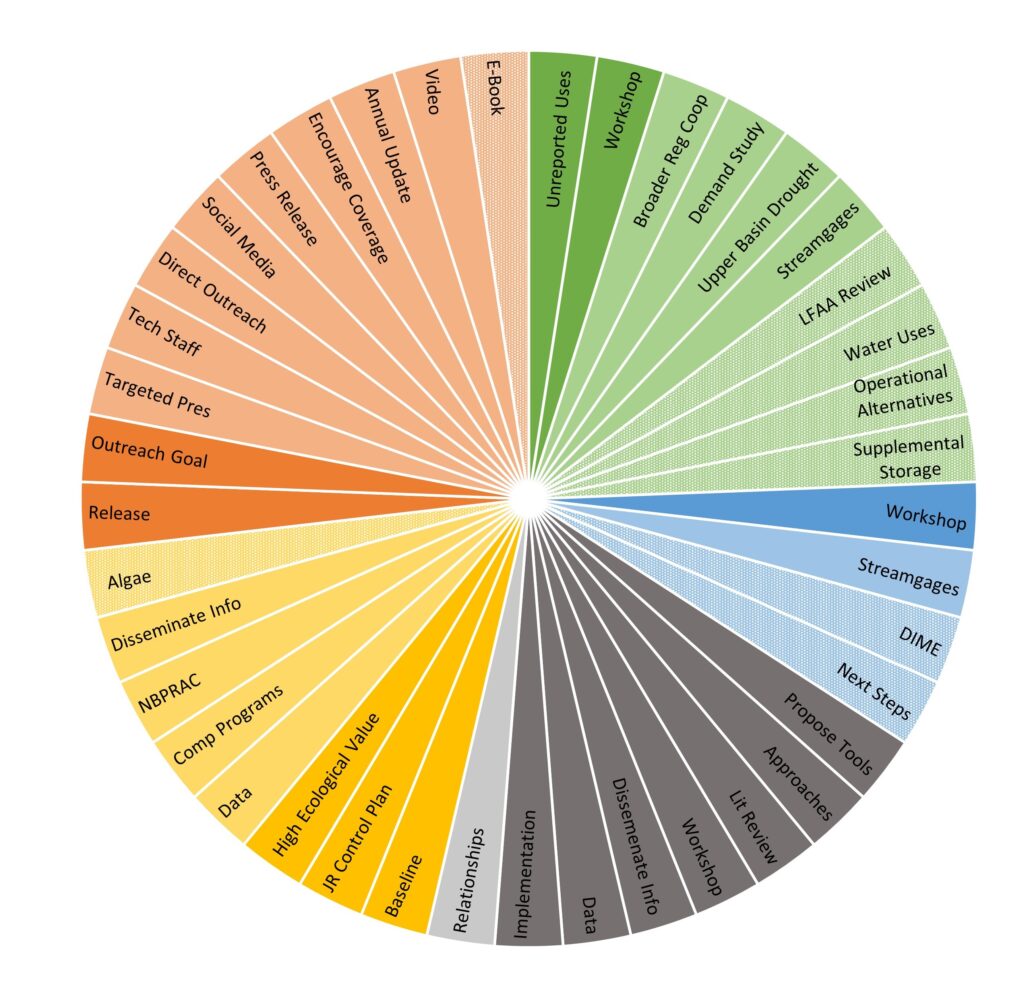 A pie chart showing implementation status by milestone and challenge area. 