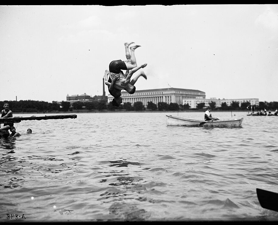 Swimmers jump from shore into the tidal basin / Potomac River.