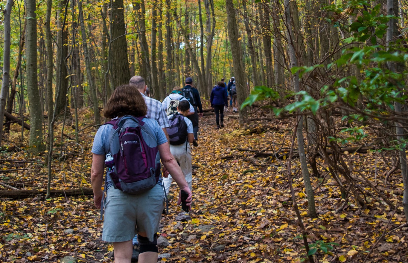 People hiking in the Frederick Municipal Forest in the fall.