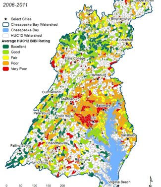 Baseline map (2006-2011) for Chesapeake Bay watershed stream health.