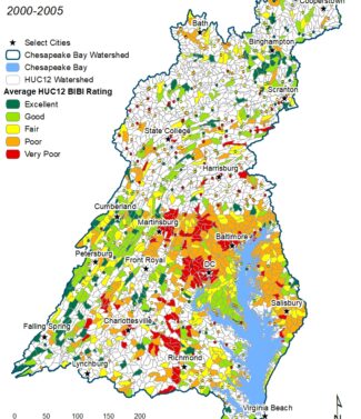 Pre-Baseline map (2000-2005) for Chesapeake Bay watershed stream health.