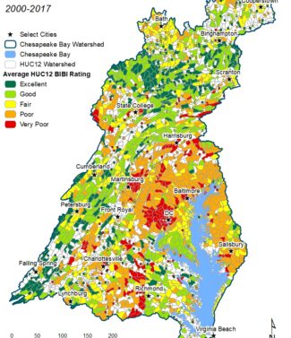 Map of the Chesapeake Bay Watershed Chessie BIBI Stream Health Index (2000-2017)