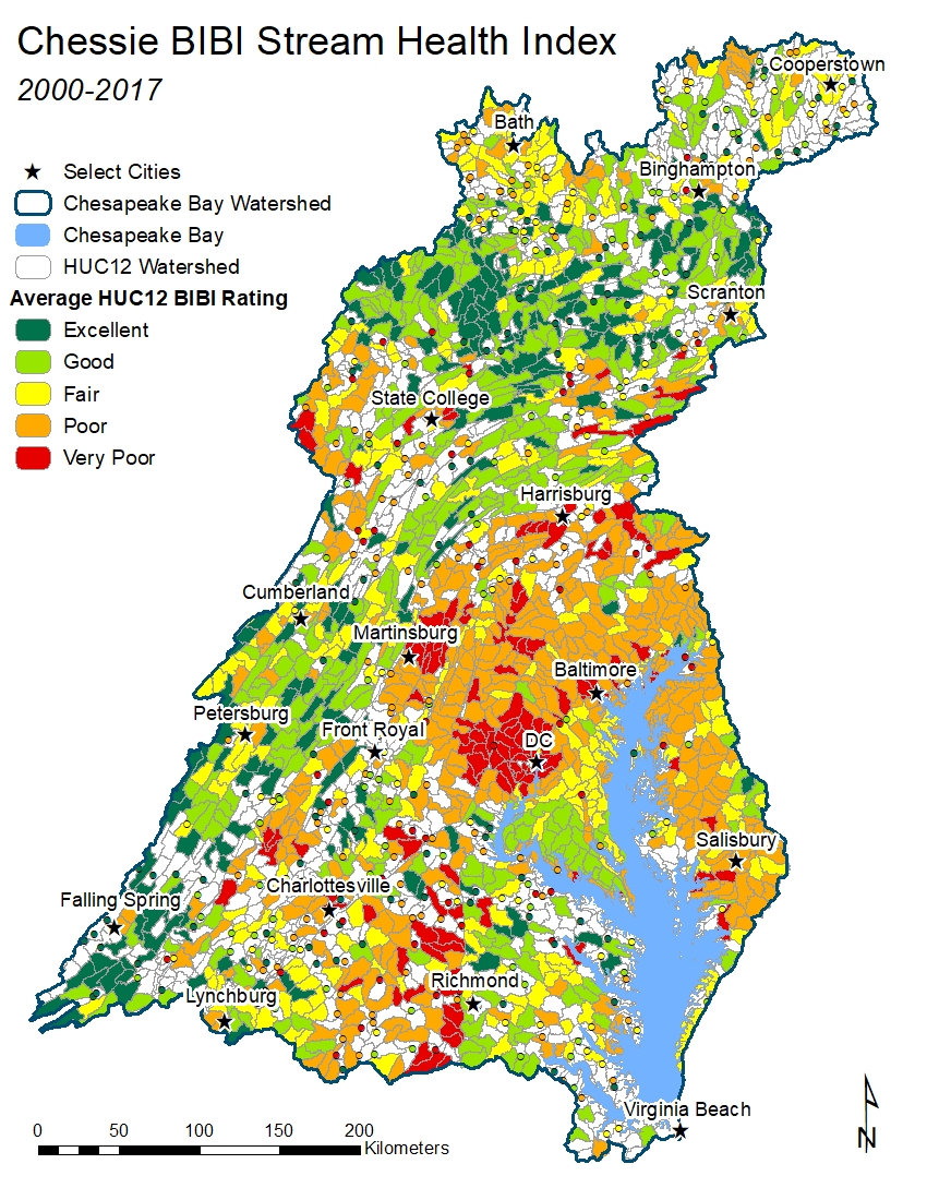 Map of the Chesapeake Bay Watershed Chessie BIBI Stream Health Index (2000-2017)