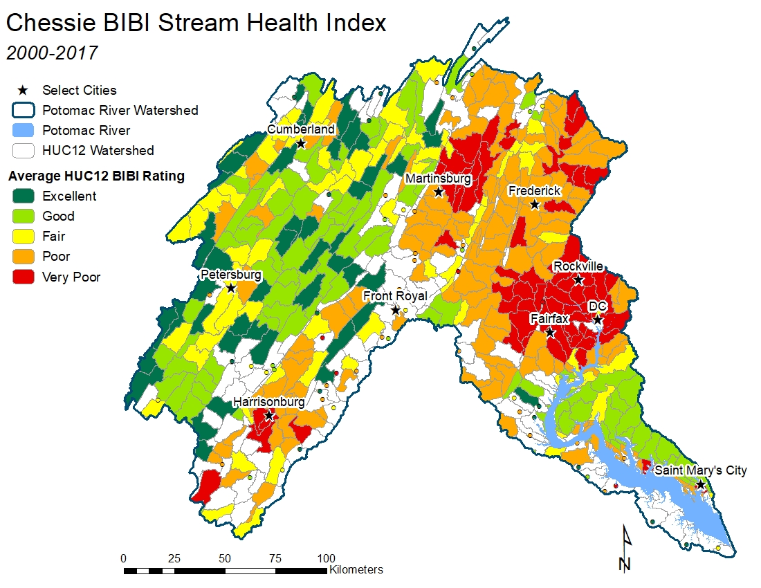 Map of the Potomac River Watershed Chessie BIBI Stream Health Index (2000-2017)